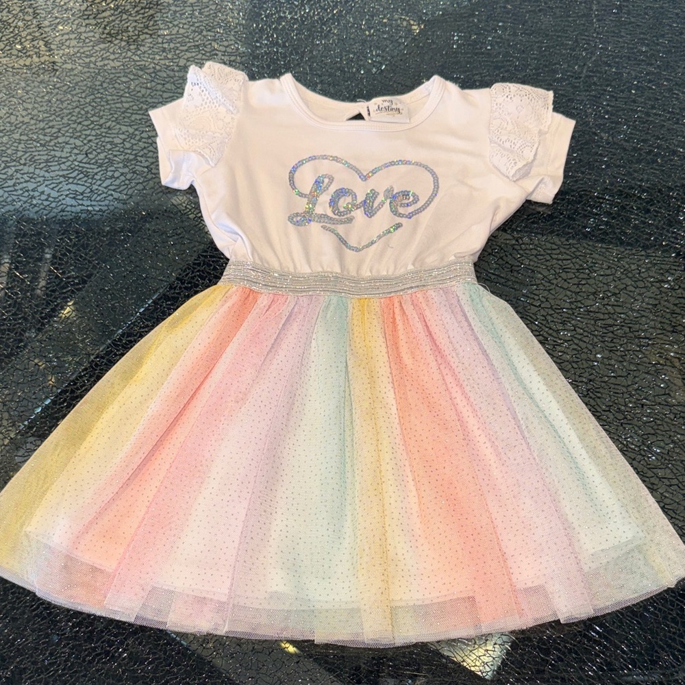 Girls' White 'Love' Rainbow Tulle Casual Dress